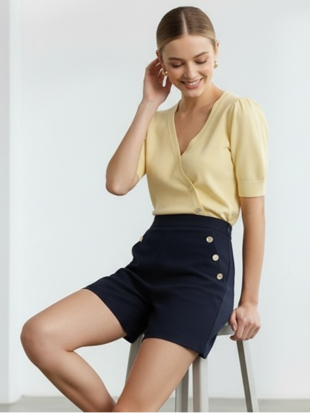 1493 • Navy Stretch High Waist Non-functioning Gold Lion Button Sailor Shorts